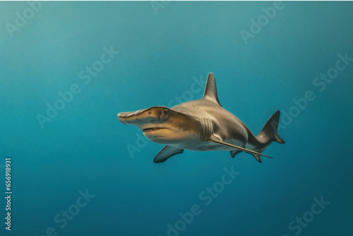 Close-up of a hammerhead shark on a blue sea background. Concept of danger.
