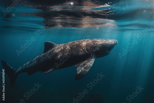 A majestic shark swimming gracefully beneath the ocean surface, illuminated by sunlight streaming through the water. The image captures the beauty and mystery of marine life in its natural habitat.