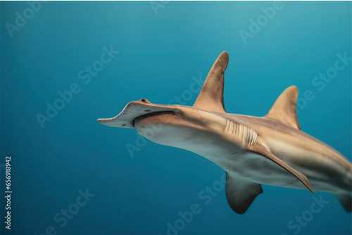 hammerhead shark on a blue sea background. Concept of danger.