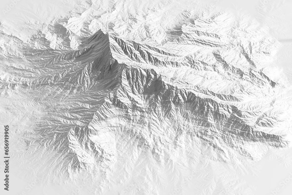 3D rendering of the aerial landscape of a mountain. 3D illustration of a mountain.