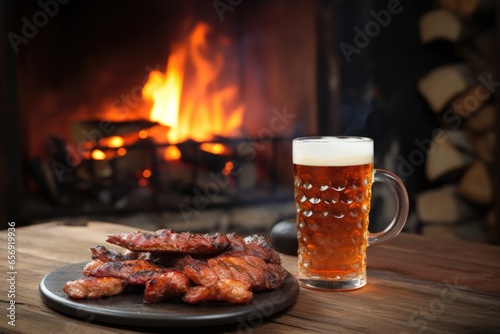 brimful lager pint on a wooden table, smoky sausages grilling in the background