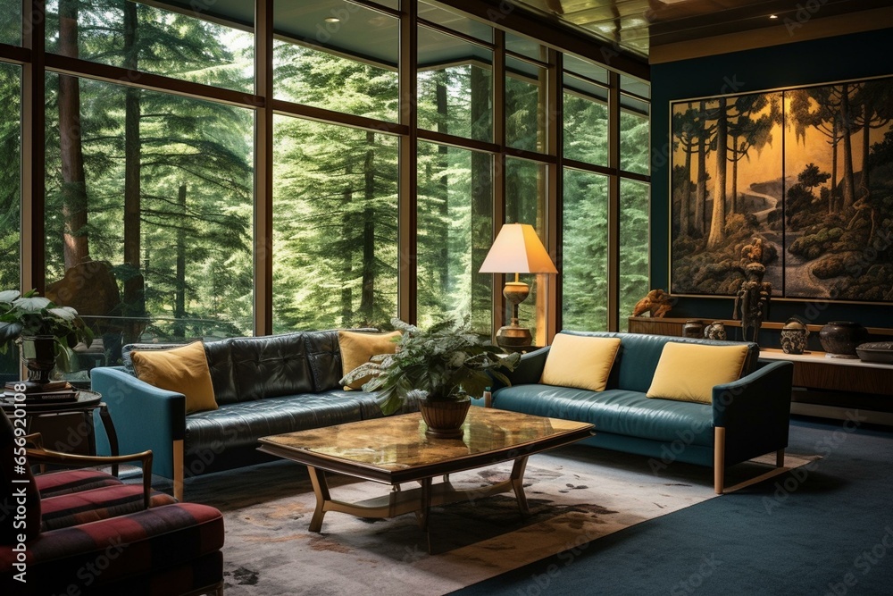The creativity of designing interiors, the lounge features woodland views and furnishings. Generative AI