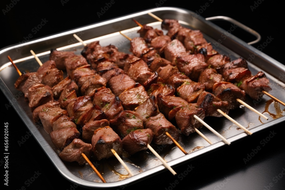 skewered lamb meat on a metal tray