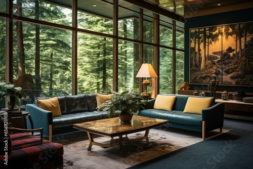 The creativity of designing interiors, the lounge features woodland views and furnishings. Generative AI