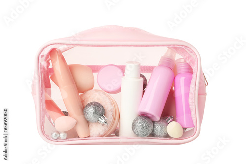 PNG, Cosmetic bag with decorative cosmetics, bottles and balls, isolated on white background