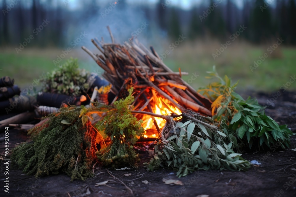 bunches of sacred herbs near a solstice bonfire bunches of sacred herbs near a solstice bonfire