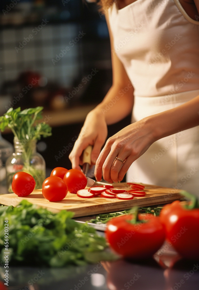 Close-up on the hands of a woman preparing vegetables