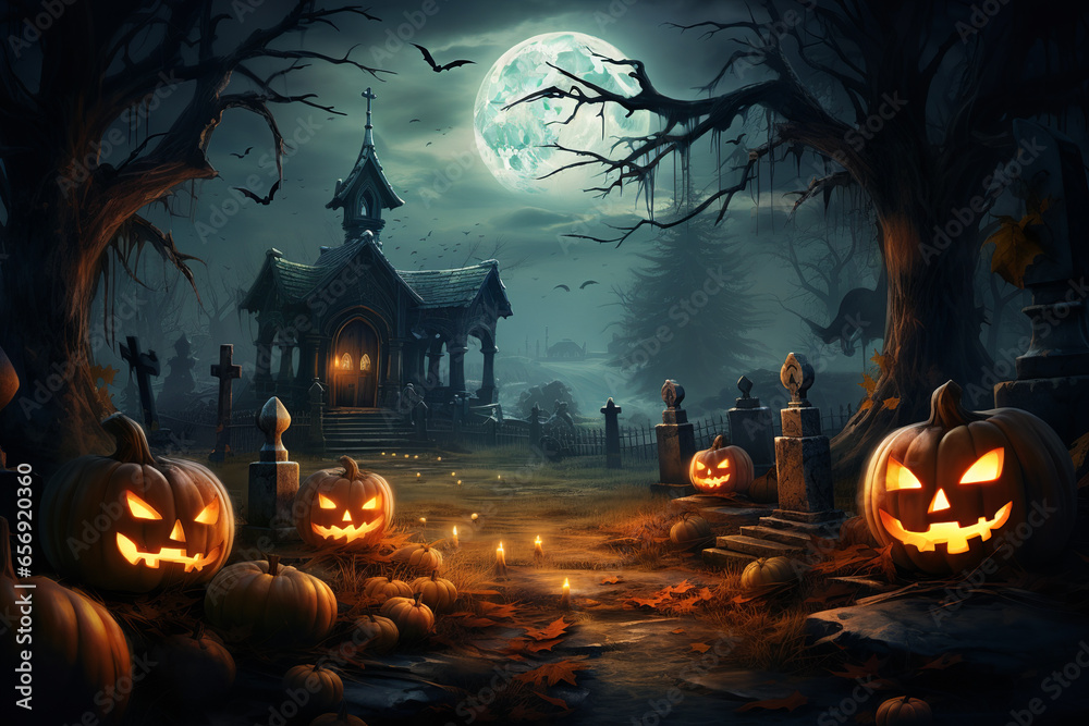 Halloween pumpkin head jack lantern with burning candles, spooky castle and full moon. - obrazy, fototapety, plakaty 