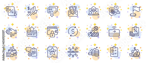 Outline set of Inspect, Dao and Tax document line icons for web app. Include Loyalty card, Checklist, Sale pictogram icons. Milestone, Growth chart, Vip ticket signs. Budget accounting. Vector