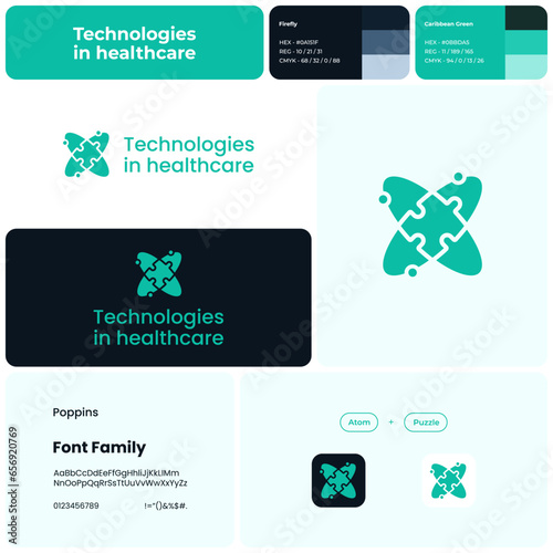 2D technologies in healthcare logo with brand name. Atom and puzzle icon. Design element. Visual identity. Template with poppins font. Suitable for healthcare, technology, medical, innovation.