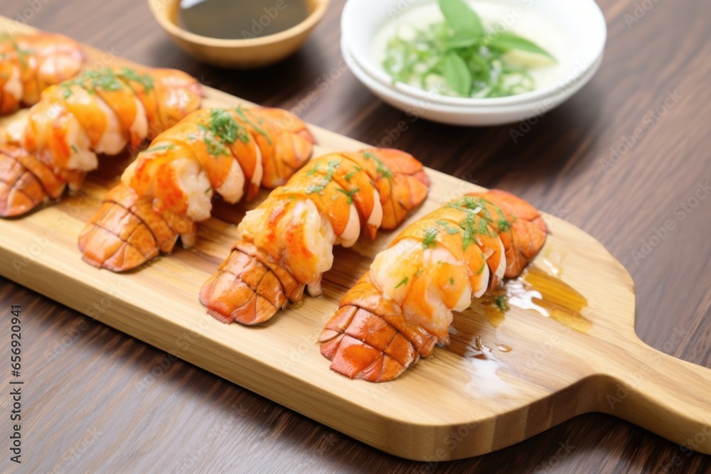 cooked lobster tails on a bamboo bib with a wooden saucer of herb butter cooked lobster tails on a bamboo bib with a wooden saucer of herb butter