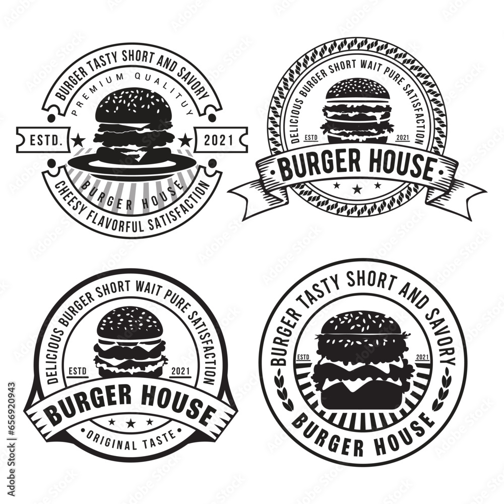 Burger vintage badge fast food logo set. Burger fast food menu set of four black vector emblems, or logos in vintage style isolated on a white background.