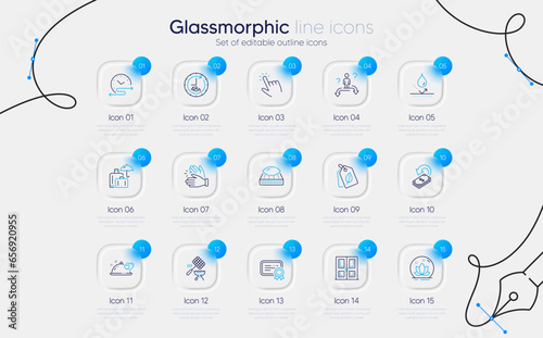 Set of Mattress, Romantic dinner and Certificate line icons for web app. 48 hours, Cursor, Bio tags icons. Business choice, Clapping hands, Cashback signs. Grill basket, Door, Lotus. Vector