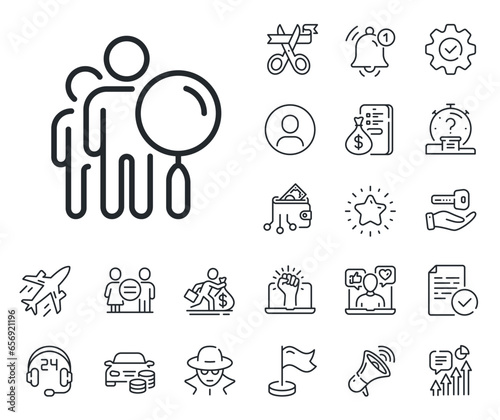 Find employee sign. Salaryman, gender equality and alert bell outline icons. Search people line icon. Magnify glass. Search people line sign. Spy or profile placeholder icon. Vector