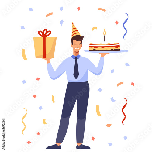 Flat vector illustration. Man in office clothes holding a cake and a gift. Confetti. Vector illustration