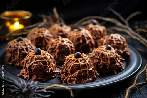 Valokuva chocolate spiders hiding in peanut butter haystacks on a black tray