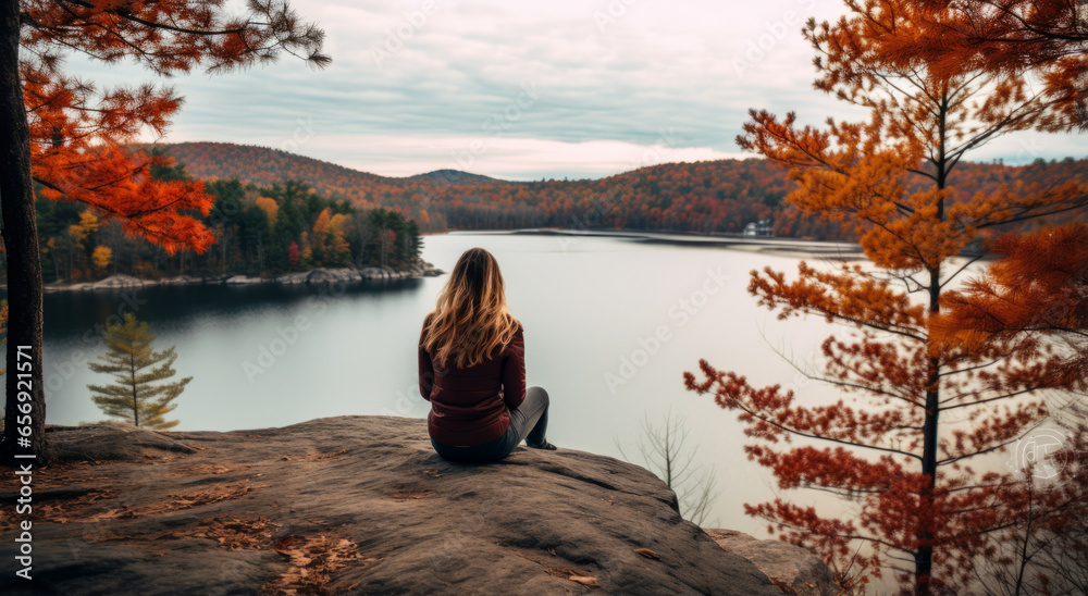 Beautiful girl on the mountain top in autumn, on the beautiful mountains admiring the lake. Colorful autumn landscape. Travel and Tourism