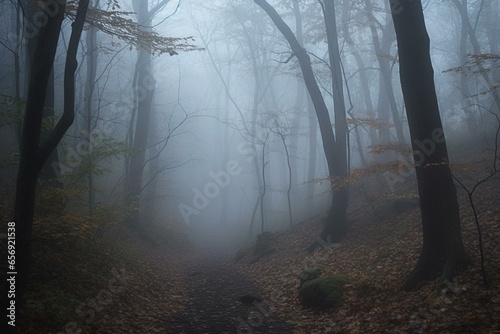 Misty woods amidst a dim scenery with fog. Generative AI