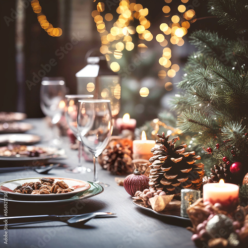 Christmas dinner table decorated with fir branches and big cones