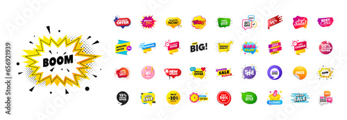 Flash offer sale banners pack. Promo price discount stickers. Special offer 3d speech bubble. Promotion flash coupons. Mega discount deal banners. Sale chat speech bubble. Ad promo message. Vector