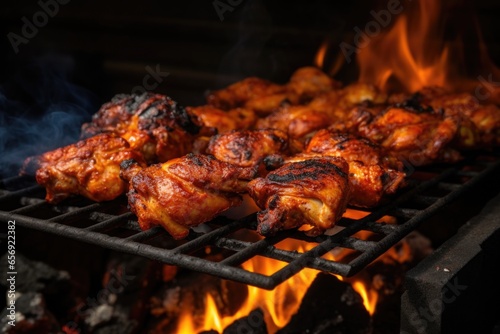 chicken wings arranged on grill above glowing chunk coals