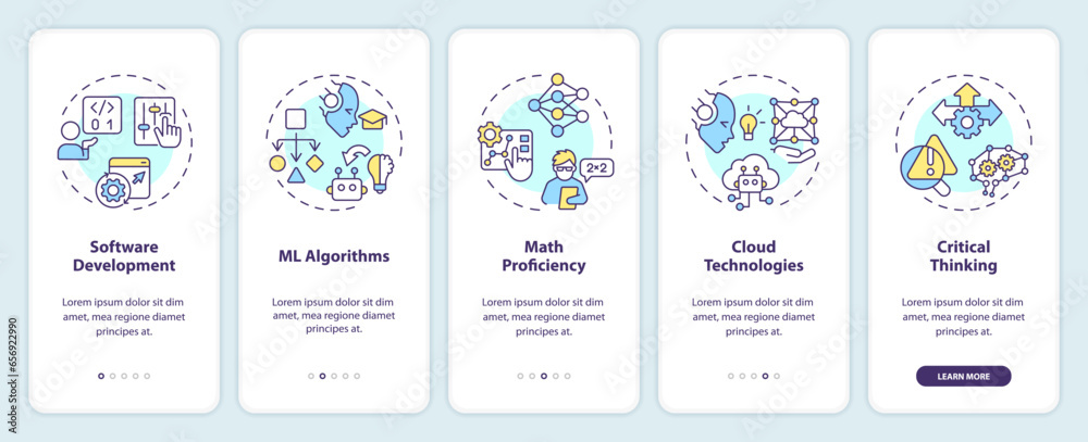 2D multicolor icons representing AI engineer mobile app screen set. Walkthrough 5 steps graphic instructions with thin line icons concept, UI, UX, GUI template.