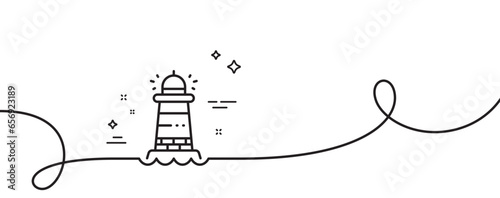 Lighthouse line icon. Continuous one line with curl. Searchlight tower sign. Beacon symbol. Lighthouse single outline ribbon. Loop curve pattern. Vector