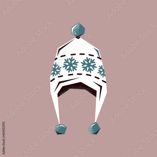 White winter hat. Knitted winter hat with snowflakes. Symbol of the Christmas holidays. Vector illustration.