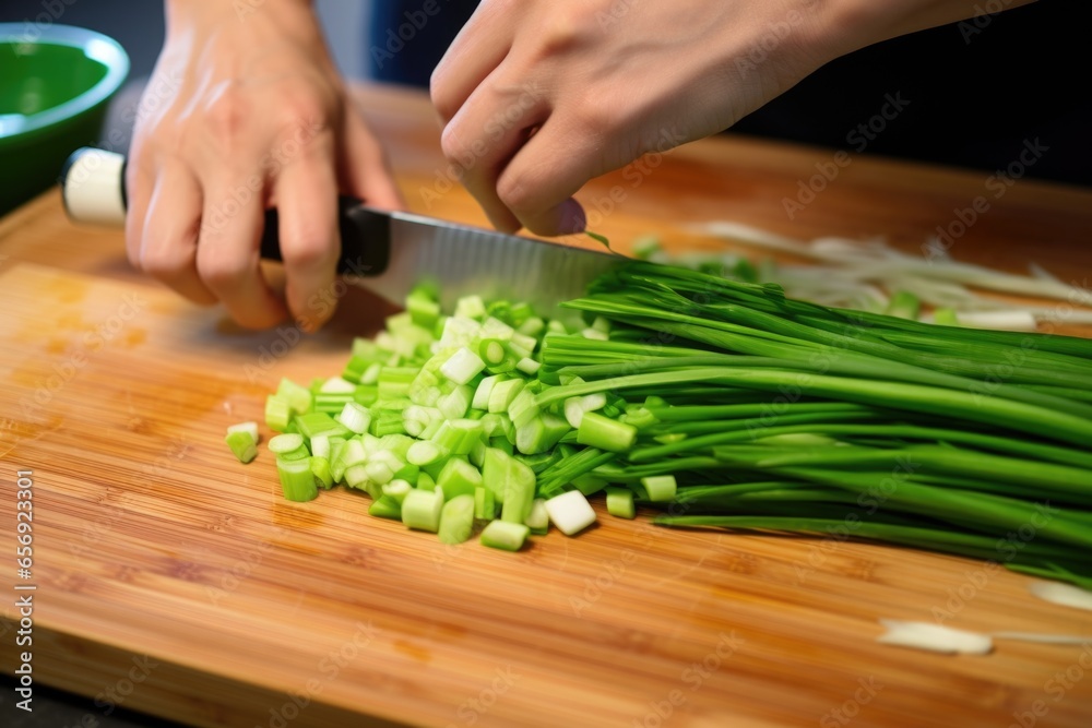 hand chopping green onions to add to miso soup hand chopping green onions to add to miso soup