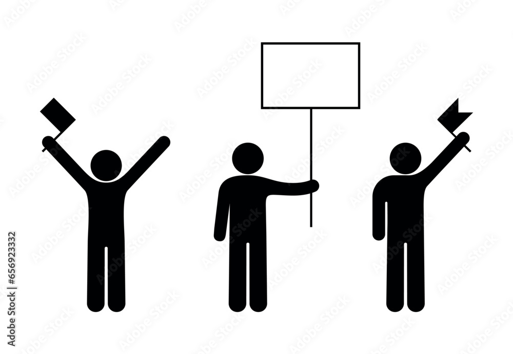 Man icon with banner, isolated human figure silhouette, protest illustration, people holding flags and banner Man icon with banner, isolated human figure silhouette, protest illustration, people holding flags and banner