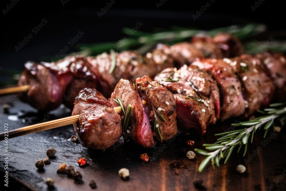 detailed shot of mixed meat skewers with rosemary sprigs