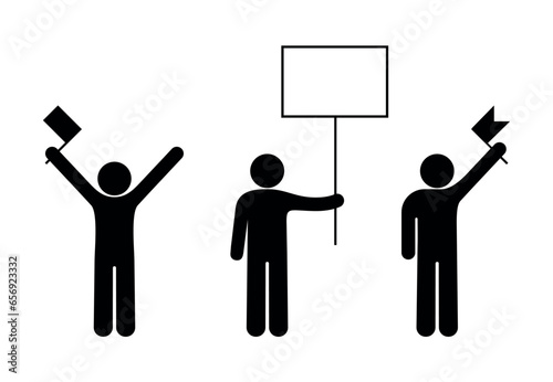 Man icon with banner, isolated human figure silhouette, protest illustration, people holding flags and banner