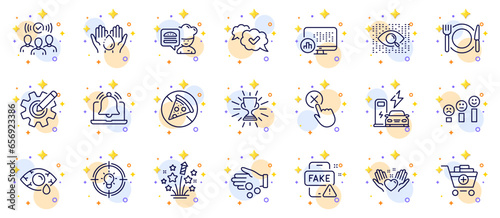 Outline set of Customer satisfaction, Trophy and Restaurant food line icons for web app. Include Report statistics, Wash hands, Hold heart pictogram icons. Conjunctivitis eye. Vector