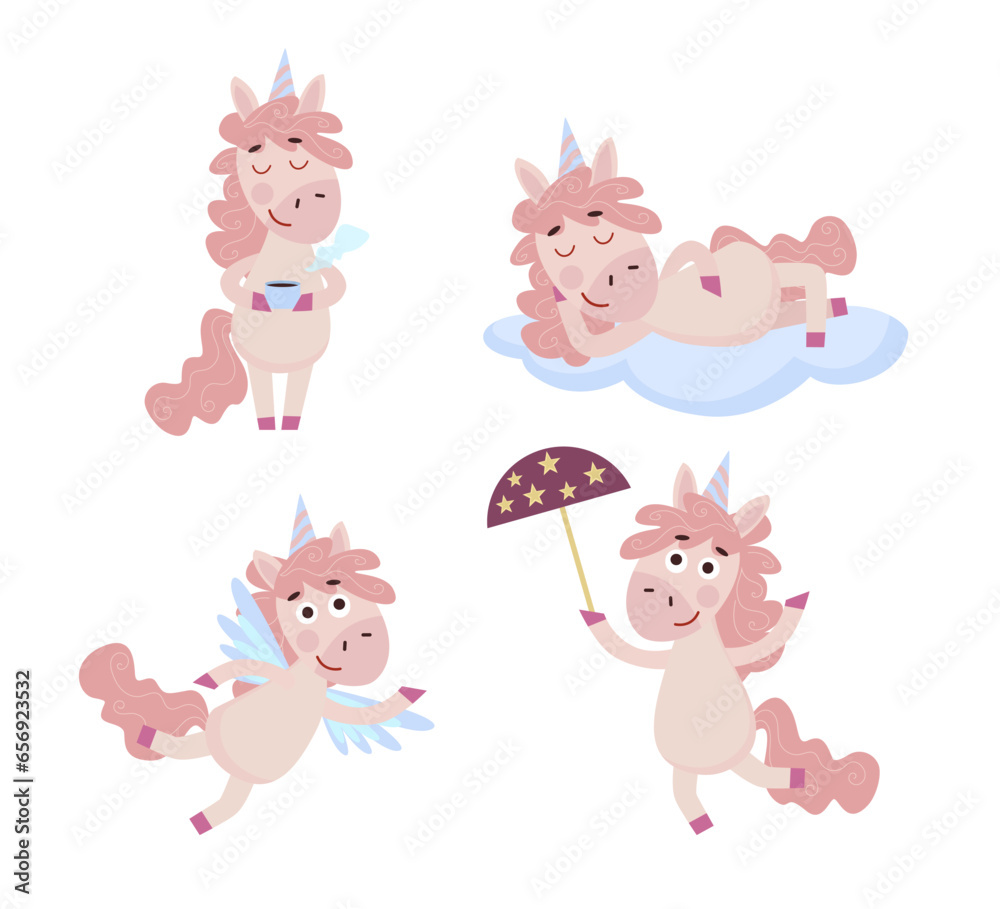 Set of funny cartoon pink Unicorn. Happy unicorn character holding cup of tea, dreaming on the cloud, walking with umbrella and flying on wings
