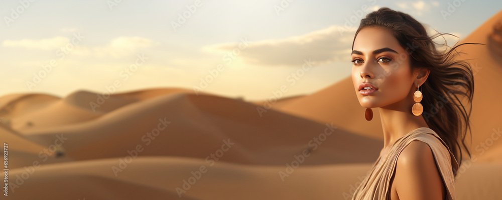 Cosmetic beauty banner with close-up portrait of a beautiful woman and desert dune sand backdrop - obrazy, fototapety, plakaty 