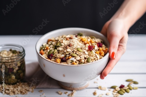 hand sprinkles seeds over bowl of muesli