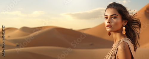 Cosmetic beauty banner with close-up portrait of a beautiful woman and desert dune sand backdrop