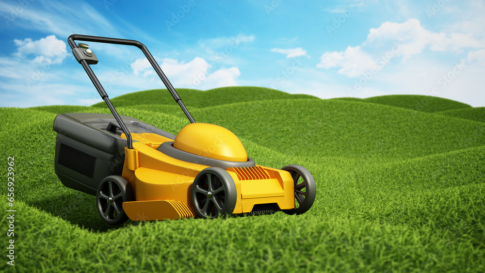 Generic lawnmover on green terrain covered with grass. 3D illustration Generic lawnmover on green terrain covered with grass. 3D illustration