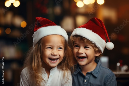 Cute Family Santa Claus hats laughing on sofa in Christmas room. Ai generative