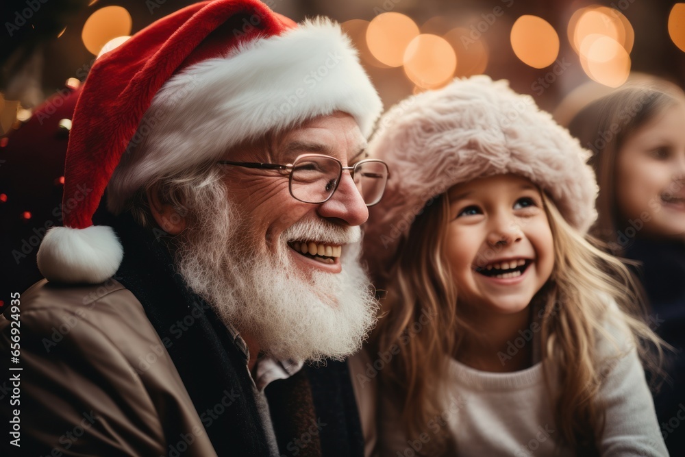Cute Family Santa Claus hats laughing on sofa in Christmas room. Ai generative Cute Family Santa Claus hats laughing on sofa in Christmas room. Ai generative