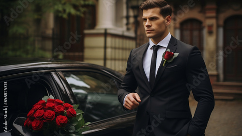 A man in a suit with a bouquet of roses near a beautiful car © Taisiia
