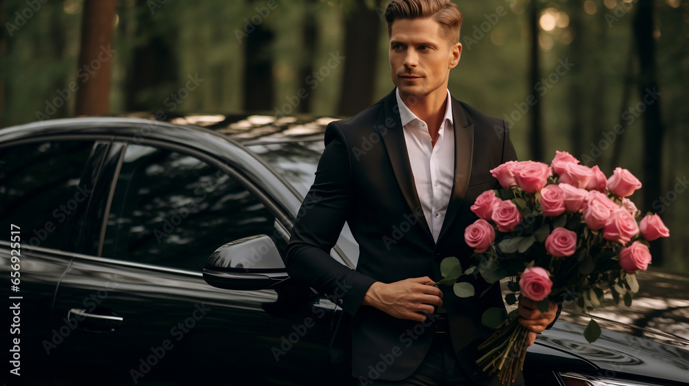 A man in a suit with a bouquet of roses near a beautiful car - obrazy, fototapety, plakaty 