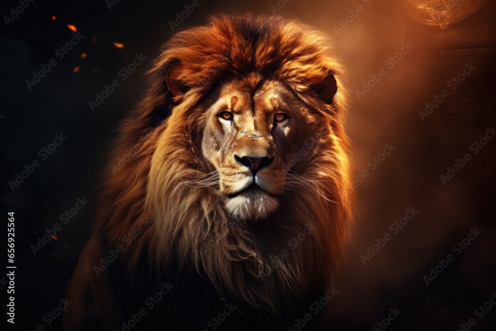 A close-up view of a lion's face against a black background. This image can be used to depict the fierce and powerful nature of the lion. Ideal for wildlife documentaries, animal conservation campaign