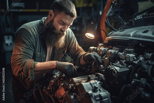 A man is seen working on a car engine in a garage. This image can be used to depict car repairs or maintenance activities.