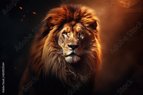 A close-up view of a lion s face against a black background. This image can be used to depict the fierce and powerful nature of the lion. Ideal for wildlife documentaries  animal conservation campaign