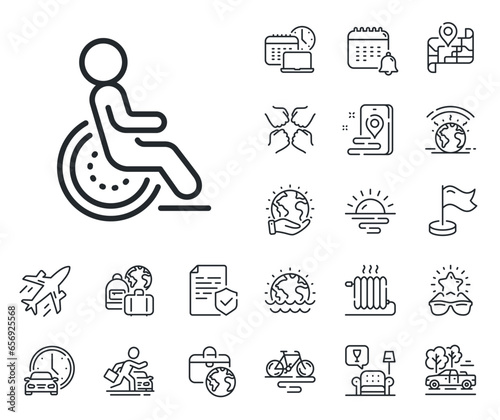 Wheelchair user sign. Plane jet, travel map and baggage claim outline icons. Disability person line icon. Hotel service symbol. Disability line sign. Car rental, taxi transport icon. Vector