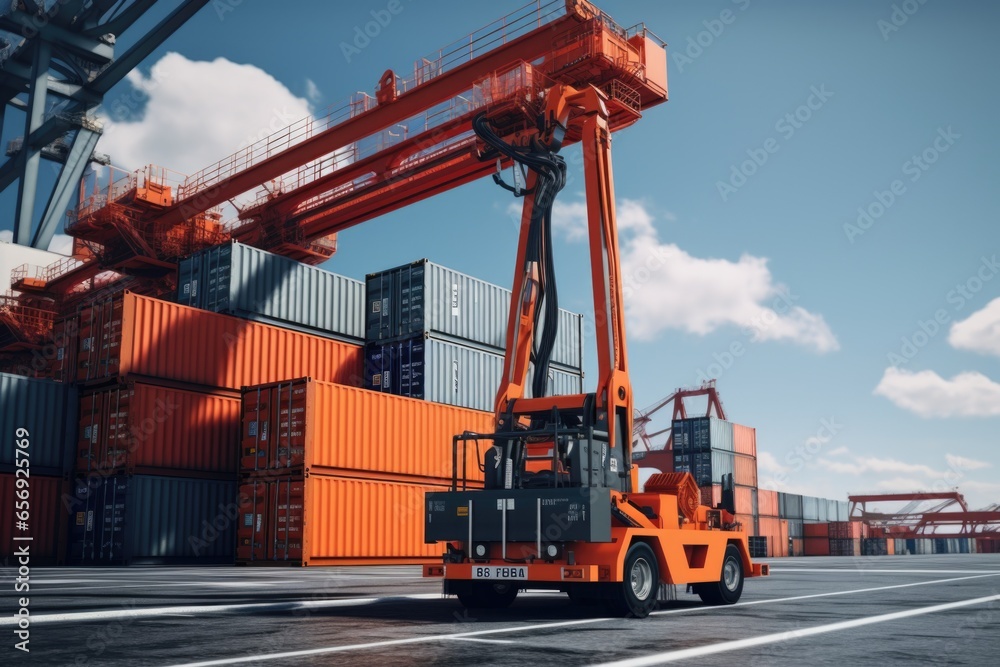 A forklift is parked in front of a container dock. This image can be used to depict logistics, transportation, and industrial operations.