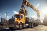 A picture of a large yellow truck with a crane mounted on its back. Perfect for construction, transportation, and heavy machinery themes.
