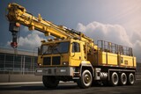 A picture of a large yellow crane sitting on top of a truck. This image can be used to depict construction, heavy machinery, transportation, or industrial themes.