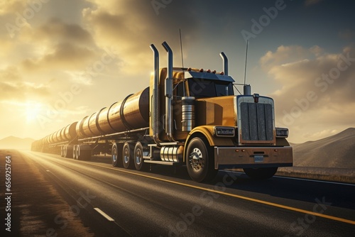 A large semi truck driving down a road. Suitable for transportation and logistics themes.